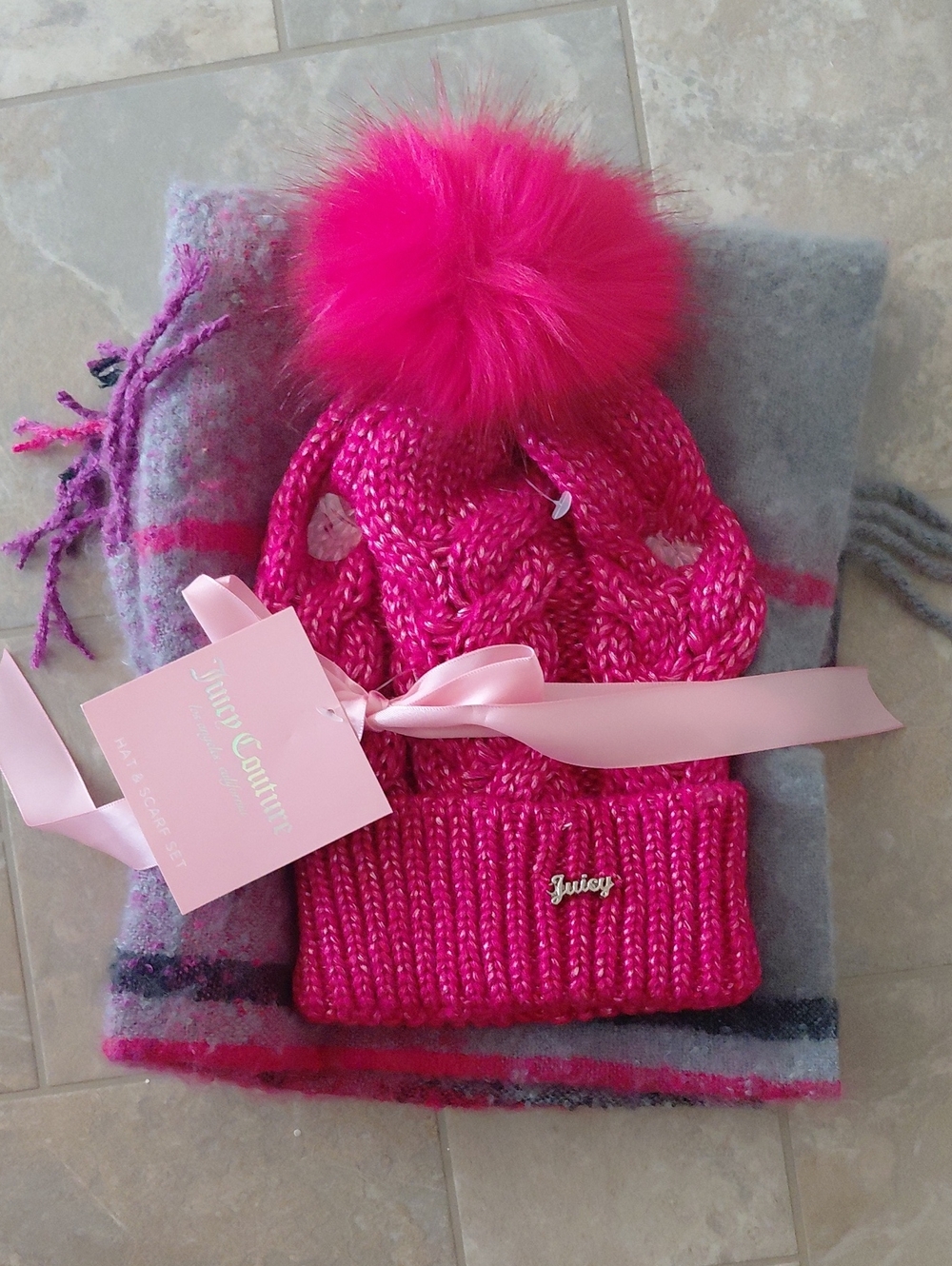 Juicy Couture Bright Pink Pom Cable Knit Beanie And Scarf Set
